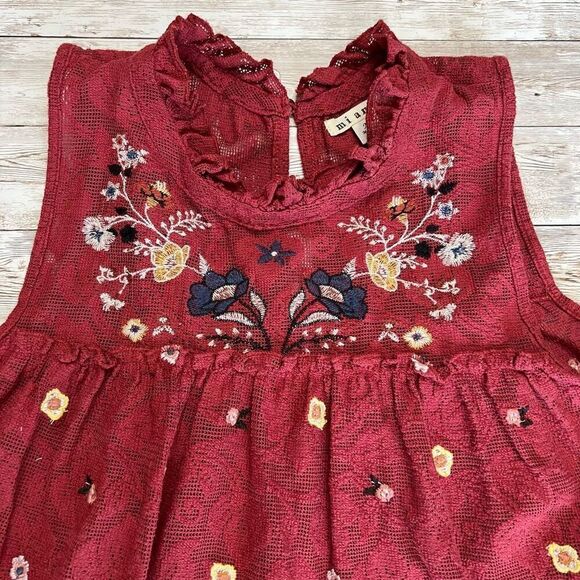 MI AMI Embroidered Floral Lace Ruffle Mini Babydoll Dress Medium Burgundy - Picture 2 of 13